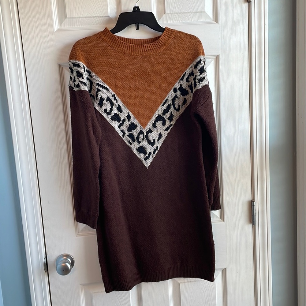 Unbranded Size Small Long Sleeve Color Block Brown Cheetah Print Sweater Dress